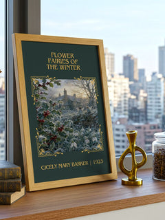 Flower Fairies of the Winter Classic Book Art Print by C. Barker – framed print on a city-view windowsill