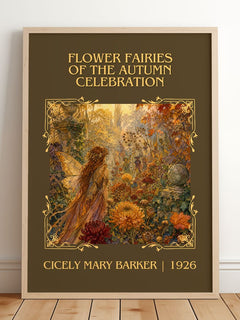 Flower Fairies of the Autumn Celebration Classic Book Art Print by Cicely Mary Barker – framed print leaning on a wooden floor