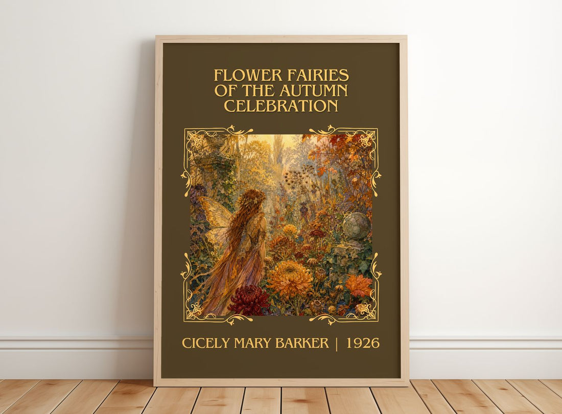 Flower Fairies of the Autumn Celebration Classic Book Art Print by Cicely Mary Barker – framed print leaning on a wooden floor