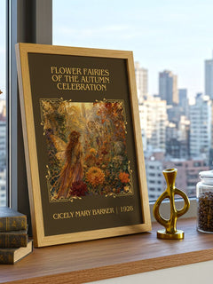 Flower Fairies of the Autumn Celebration Classic Book Art Print by Cicely Mary Barker – framed print on a city-view windowsill