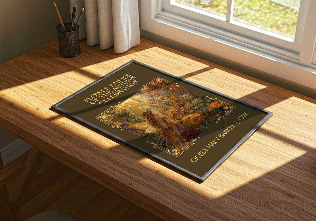 Flower Fairies of the Autumn Celebration Classic Book Art Print by Cicely Mary Barker – print on a sunlit desk