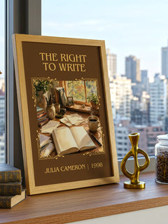 The Right to Write Classic Book Art Print by Julia Cameron – framed print on a city-view windowsill