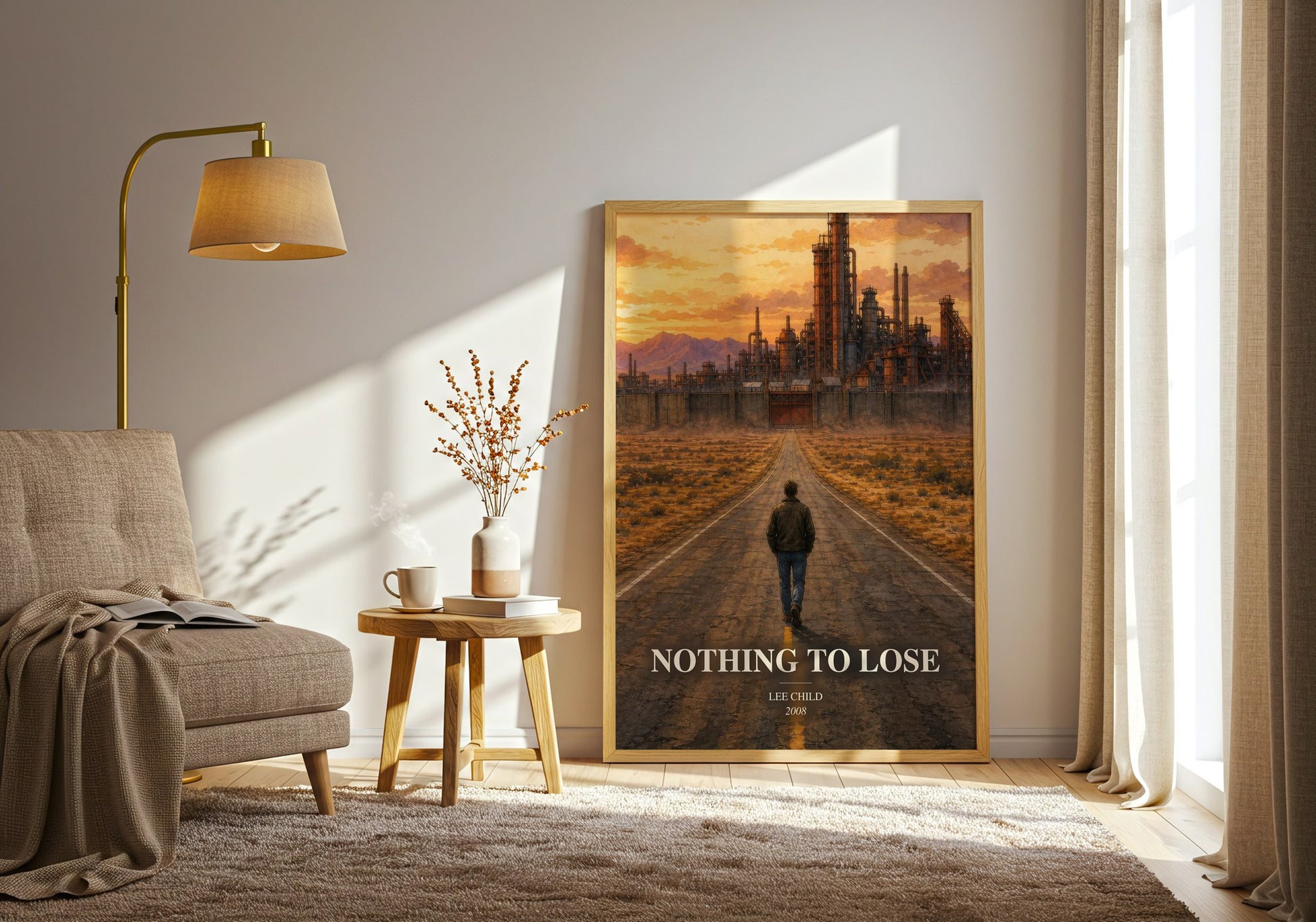 Nothing To Lose watercolour print in frame leaning in hallway – thriller wall art