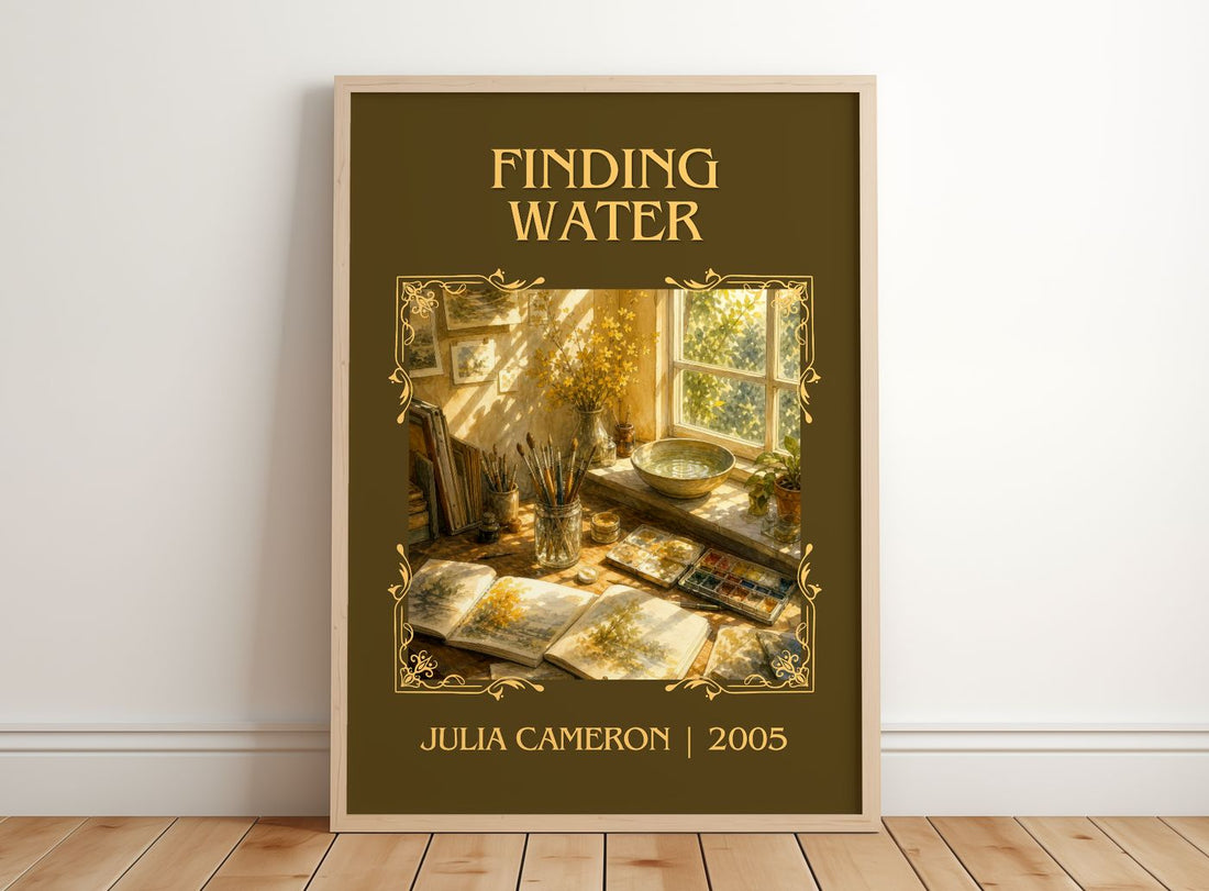 Finding water Classic Book Art Print by Julia Cameron – framed print leaning on a wooden floor