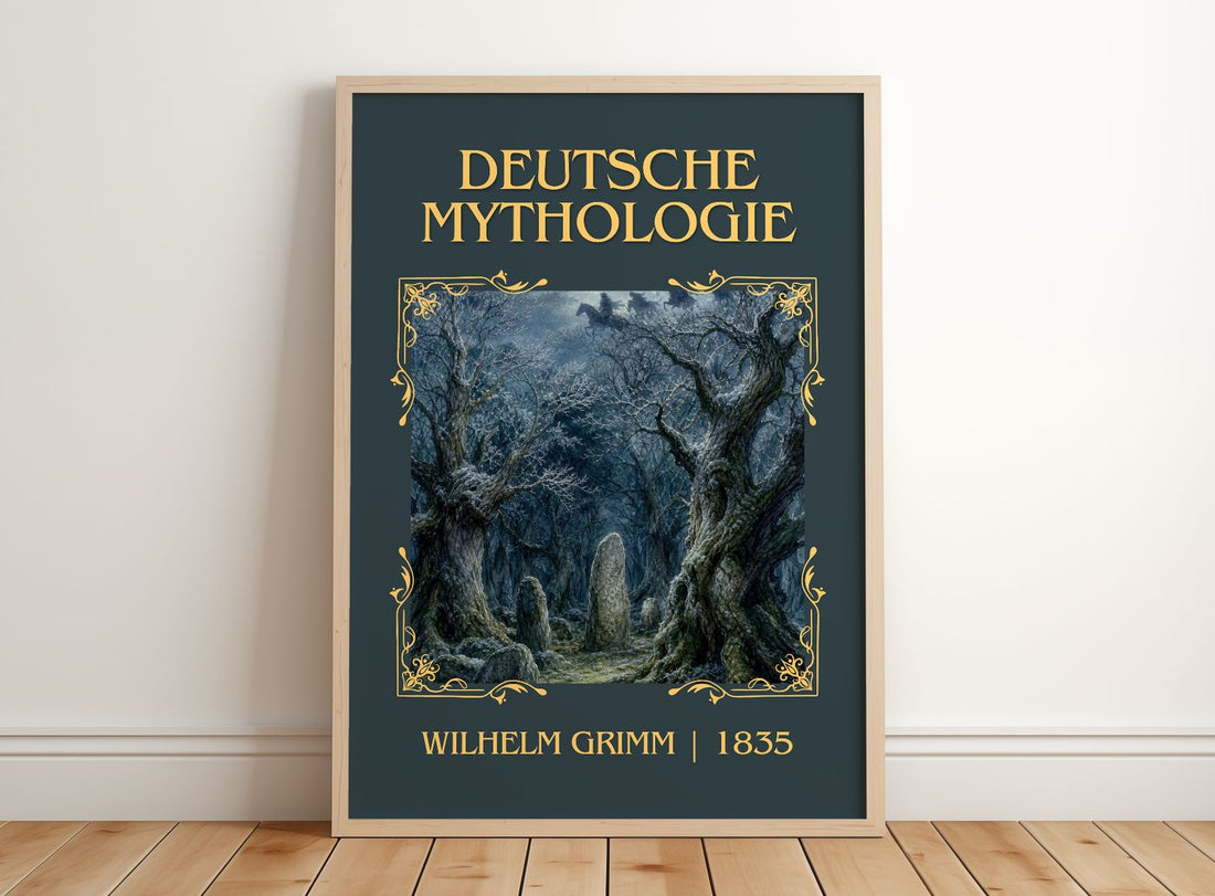 Deutsche mythologie Classic Book Art Print by Wilhelm Grimm – framed print leaning on a wooden floor