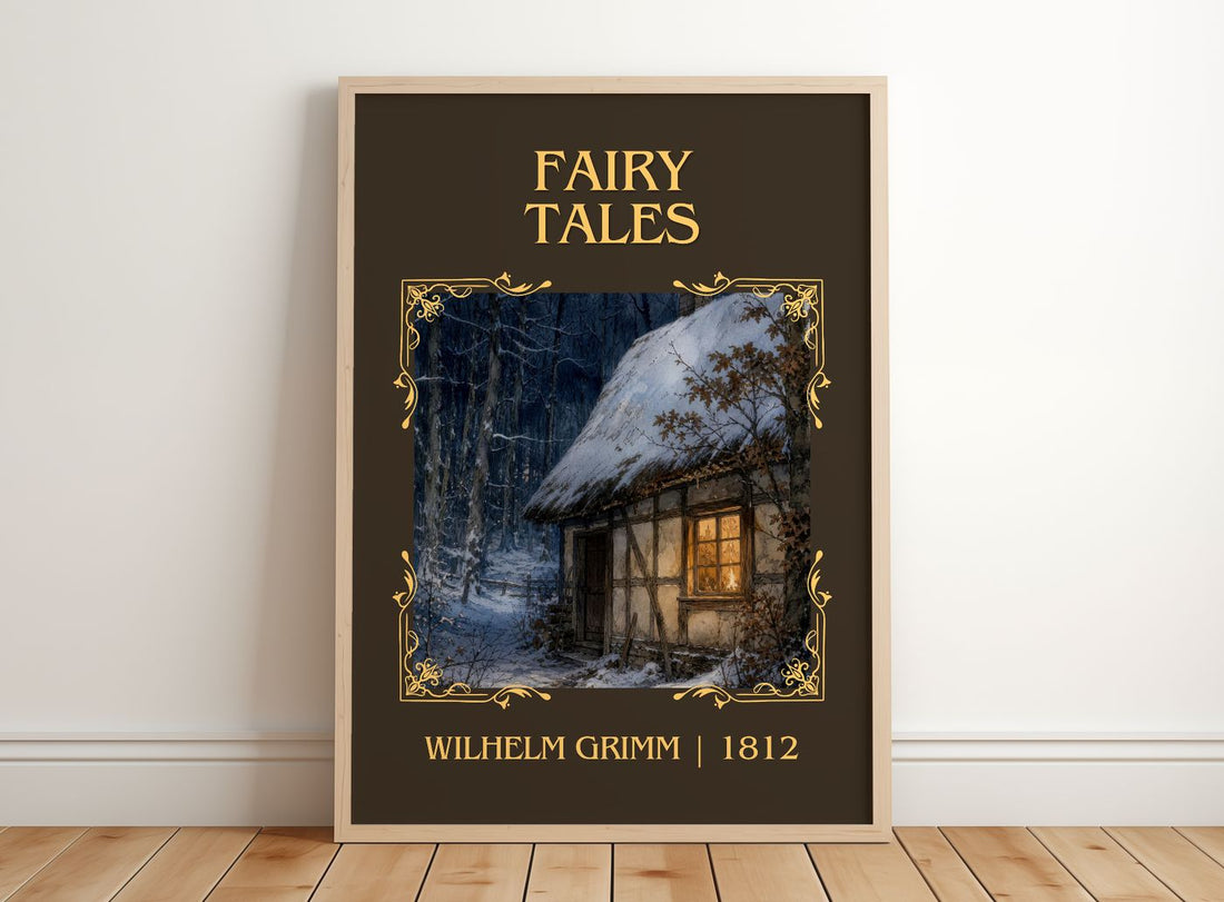 Fairy tales Classic Book Art Print by Wilhelm Grimm – framed print leaning on a wooden floor
