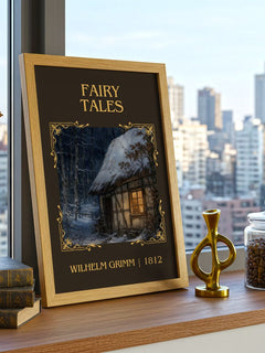 Fairy tales Classic Book Art Print by Wilhelm Grimm – framed print on a city-view windowsill