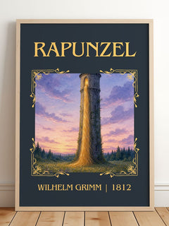 Rapunzel Classic Book Art Print by Wilhelm Grimm – framed print leaning on a wooden floor