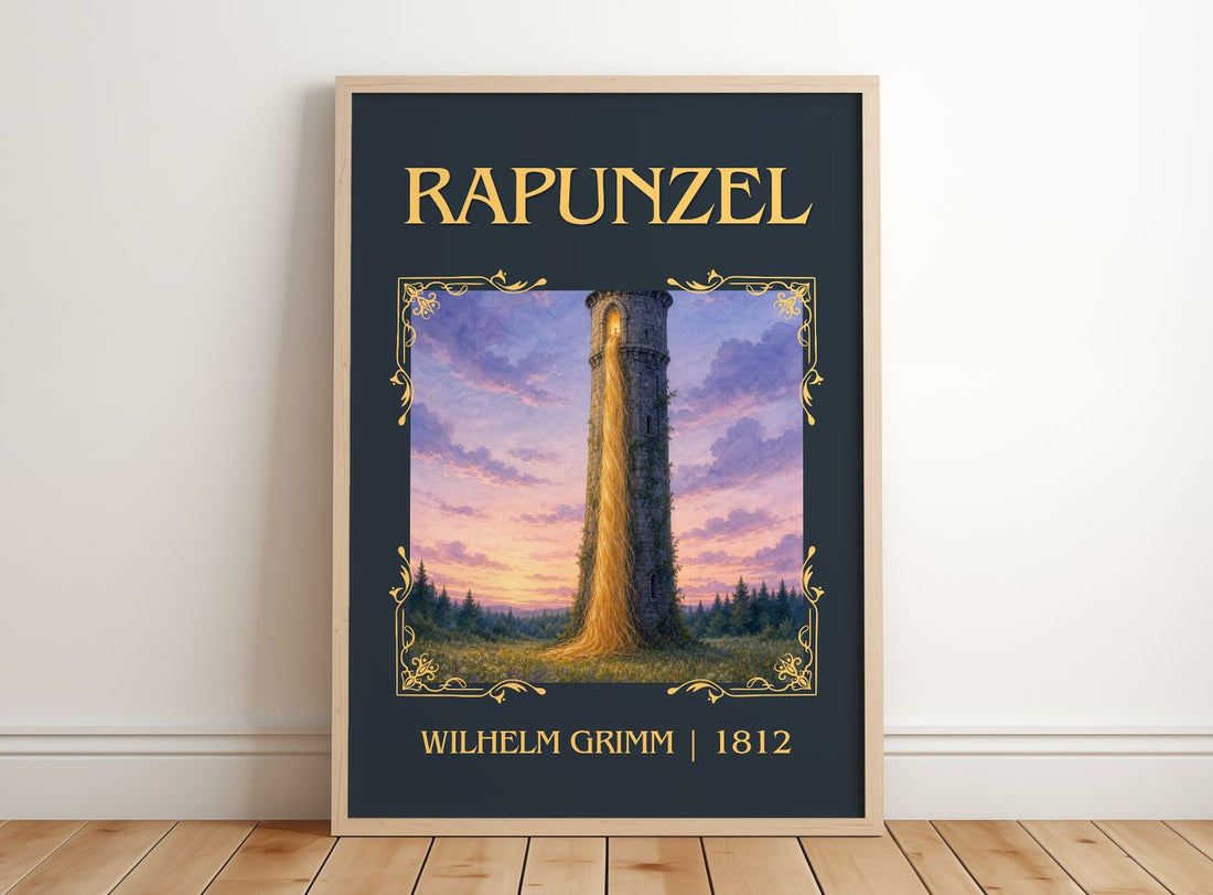 Rapunzel Classic Book Art Print by Wilhelm Grimm – framed print leaning on a wooden floor