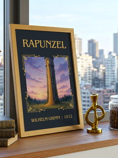 Rapunzel Classic Book Art Print by Wilhelm Grimm – framed print on a city-view windowsill