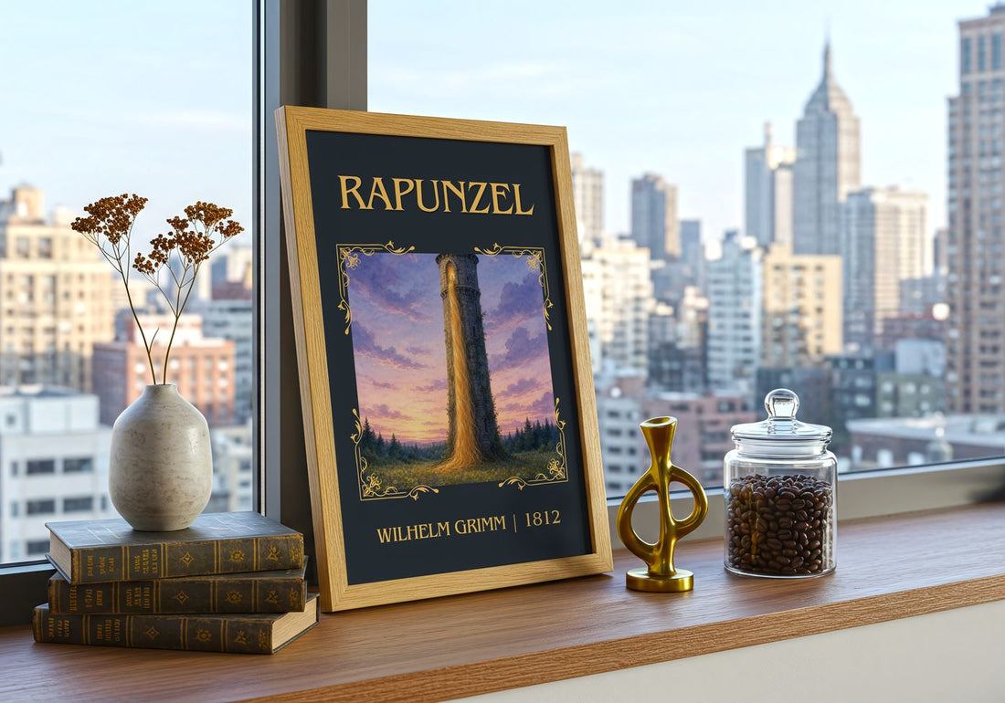Rapunzel Classic Book Art Print by Wilhelm Grimm – framed print on a city-view windowsill