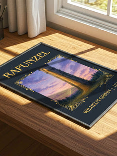 Rapunzel Classic Book Art Print by Wilhelm Grimm – print on a sunlit desk