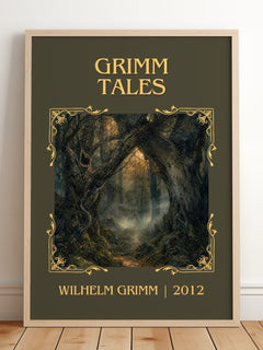 Grimm Tales Classic Book Art Print by Wilhelm Grimm – framed print leaning on a wooden floor