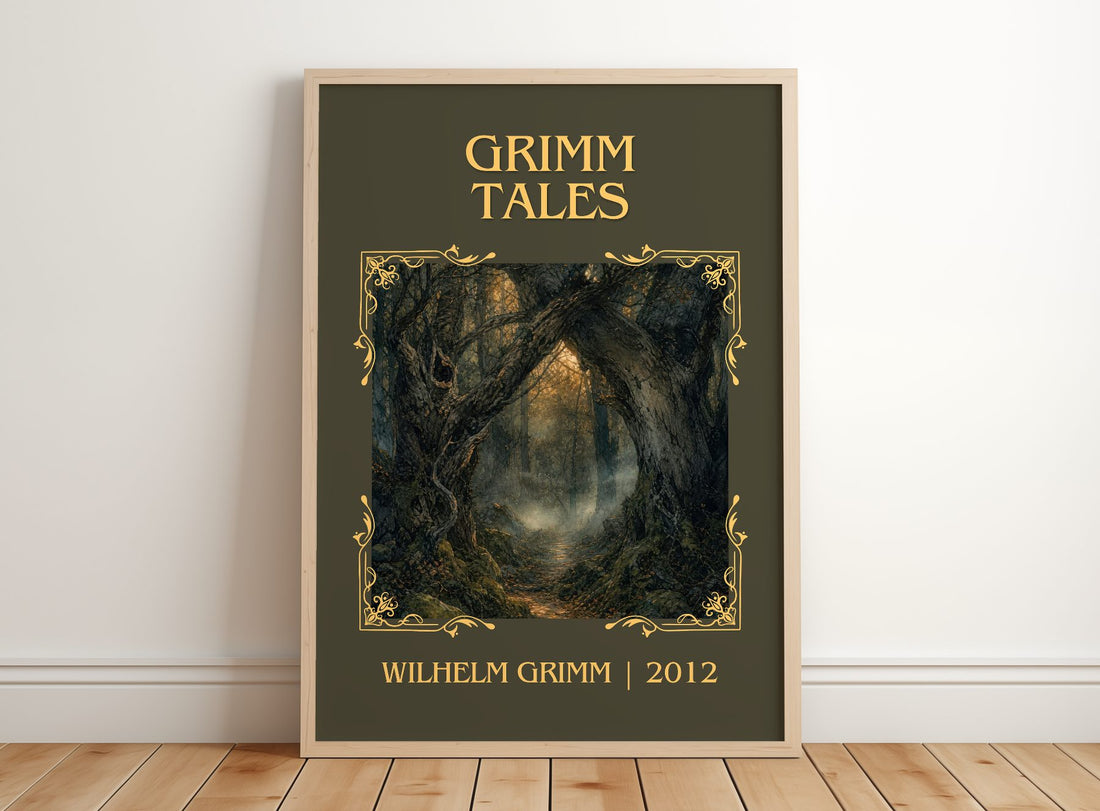 Grimm Tales Classic Book Art Print by Wilhelm Grimm – framed print leaning on a wooden floor