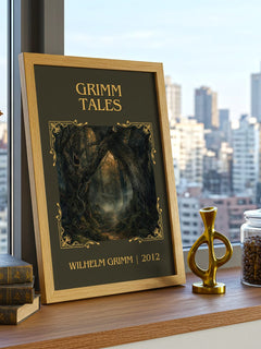Grimm Tales Classic Book Art Print by Wilhelm Grimm – framed print on a city-view windowsill