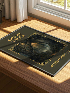 Grimm Tales Classic Book Art Print by Wilhelm Grimm – print on a sunlit desk