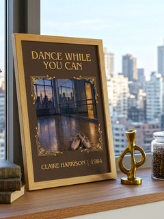 Dance While You Can Classic Book Art Print by Claire Harrison – framed print on a city-view windowsill
