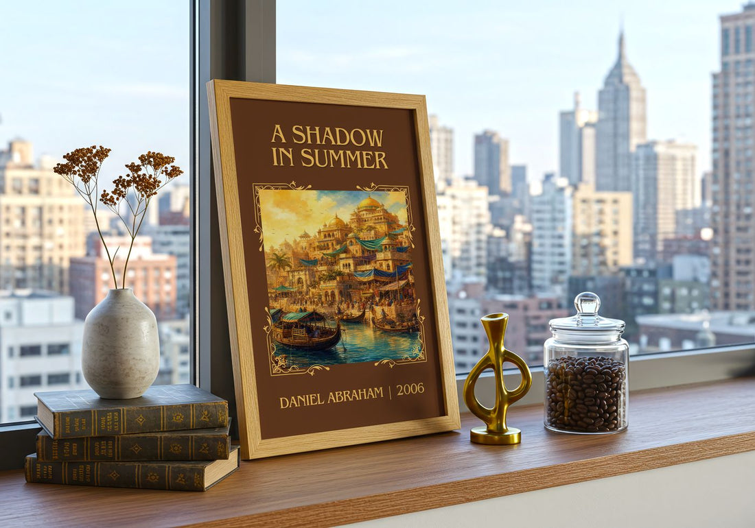 A Shadow in Summer Classic Book Art Print by Daniel Abraham – framed print on a city-view windowsill