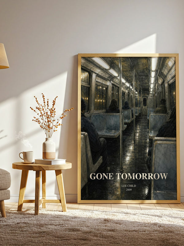 Gone Tomorrow watercolour print in frame leaning in hallway – thriller wall art