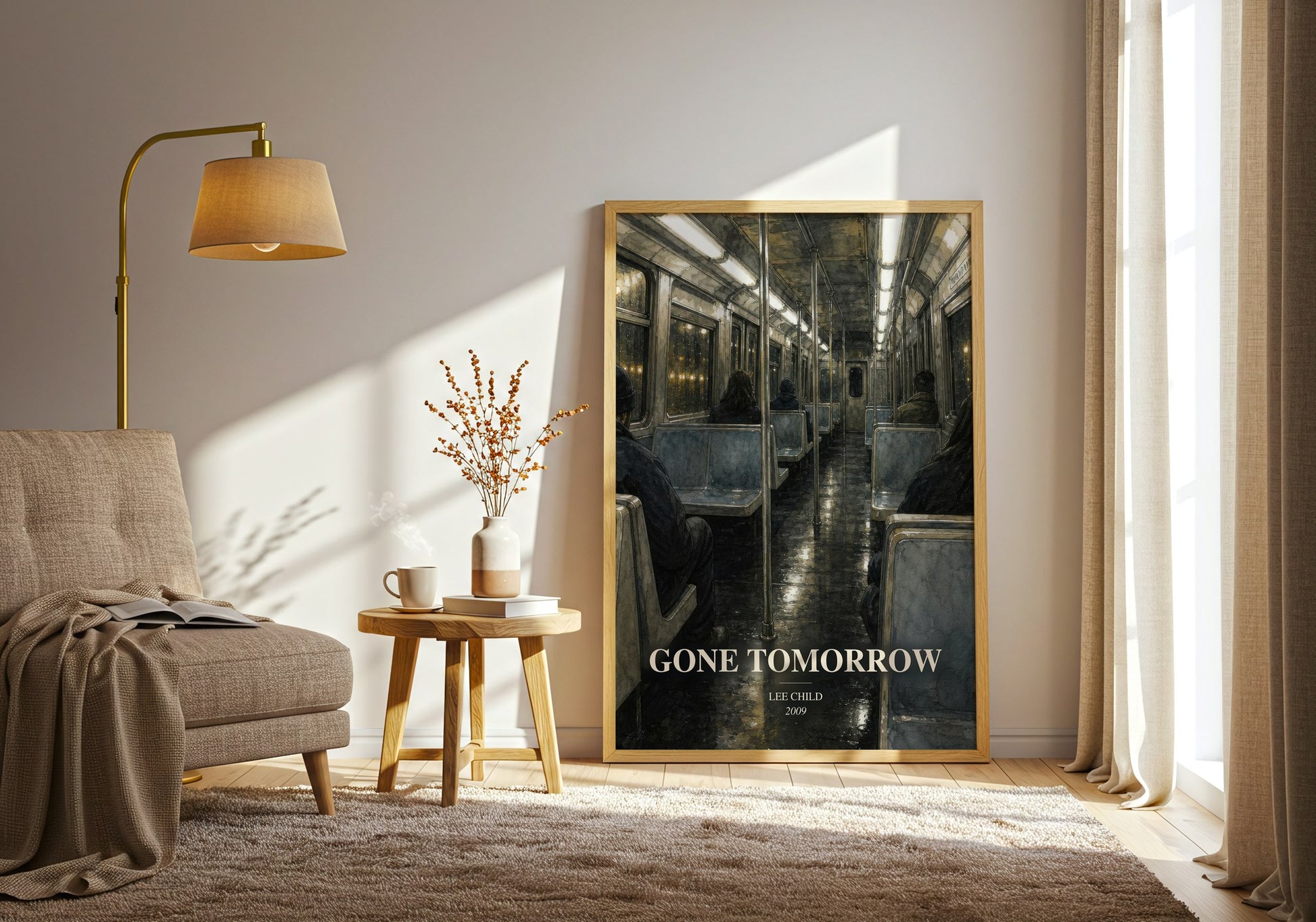 Gone Tomorrow watercolour print in frame leaning in hallway – thriller wall art