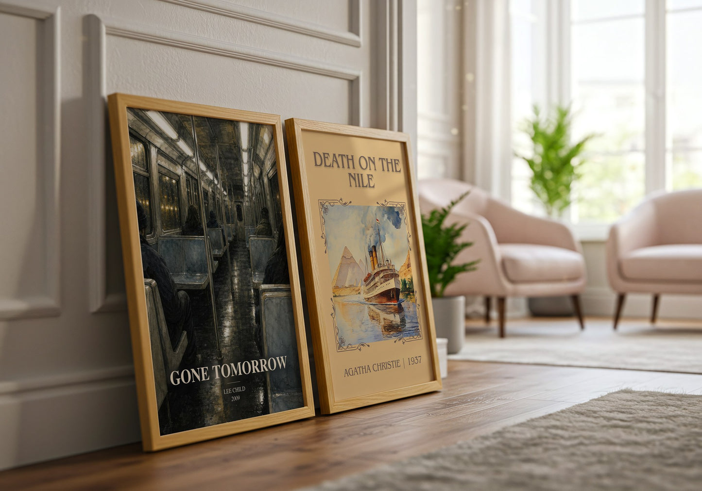 Gone Tomorrow watercolour print framed by window – literary home decor