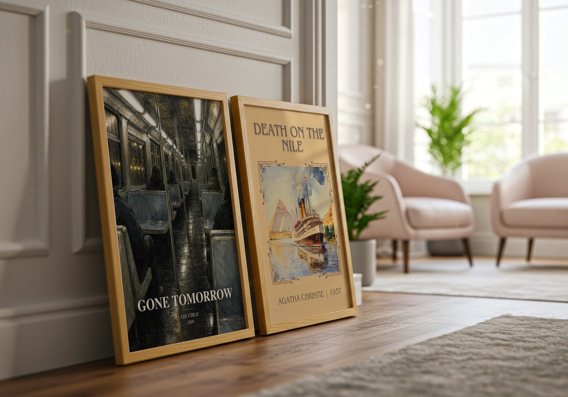 Gone Tomorrow watercolour print framed by window – literary home decor