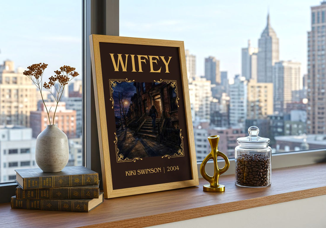 Wifey Classic Book Art Print by Kiki Swinson – framed print on a city-view windowsill