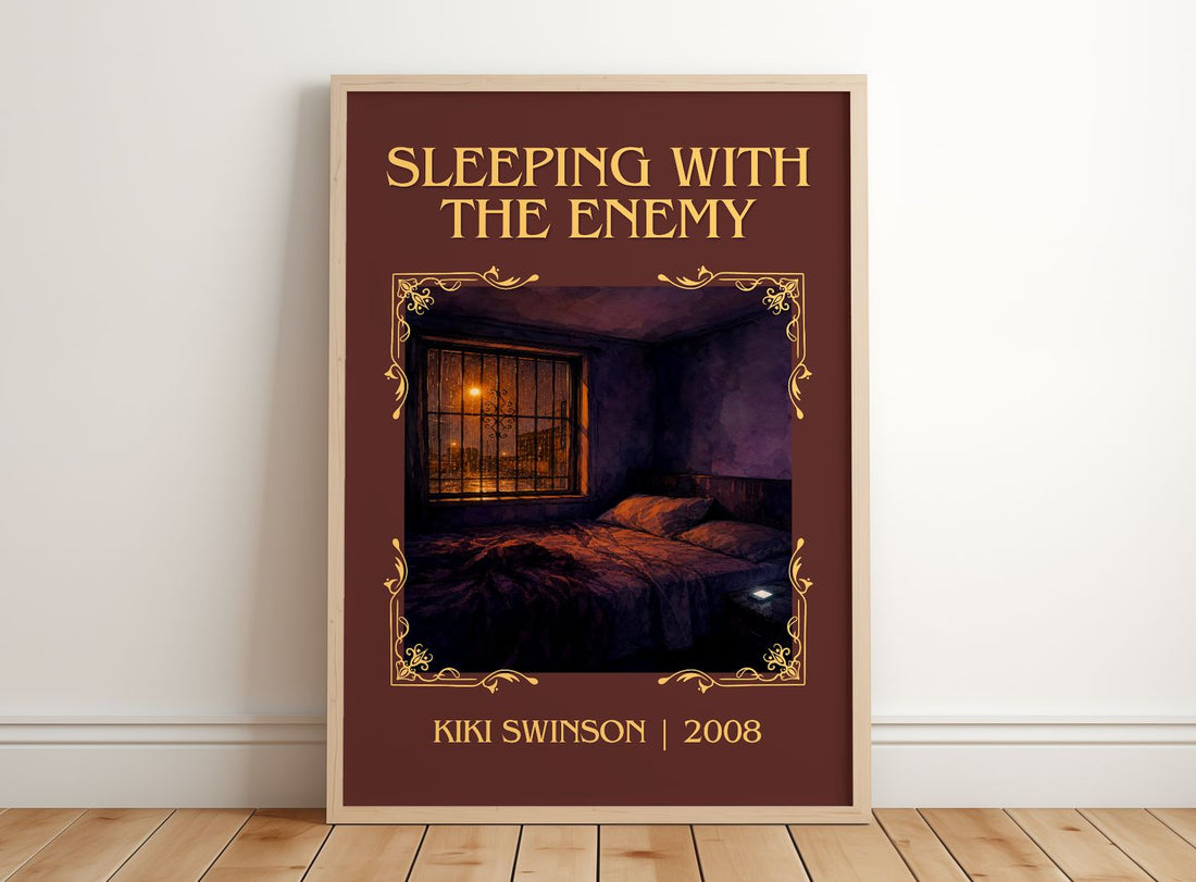 Sleeping with the enemy Classic Book Art Print by Kiki Swinson – framed print leaning on a wooden floor