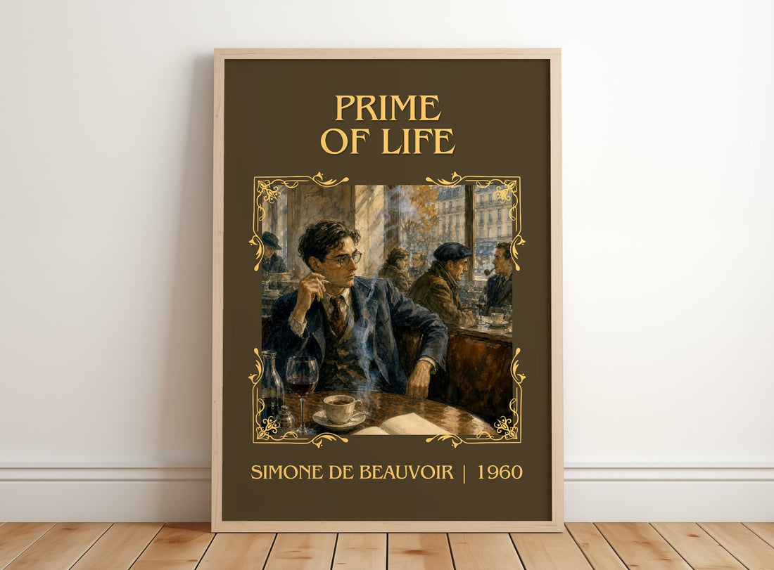 Prime of Life Classic Book Art Print by Simone de Beauvoir – framed print leaning on a wooden floor