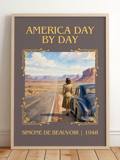 America Day by Day Classic Book Art Print by Simone de Beauvoir – framed print leaning on a wooden floor