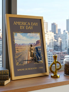 America Day by Day Classic Book Art Print by Simone de Beauvoir – framed print on a city-view windowsill