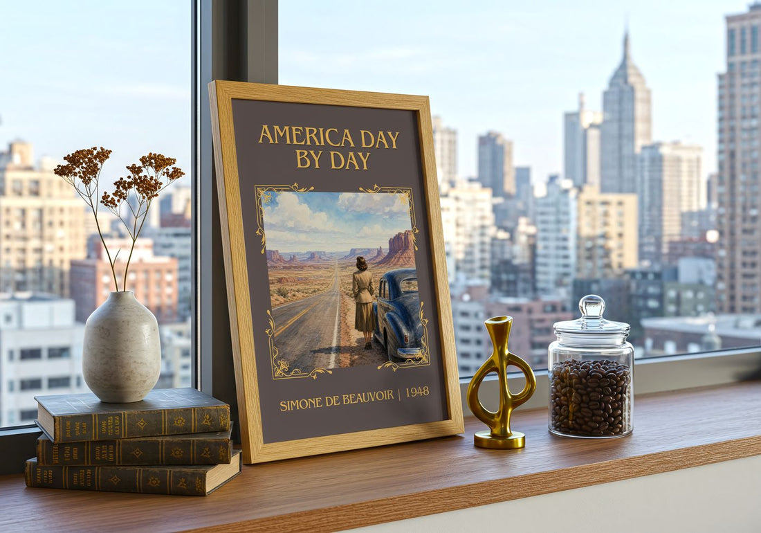 America Day by Day Classic Book Art Print by Simone de Beauvoir – framed print on a city-view windowsill