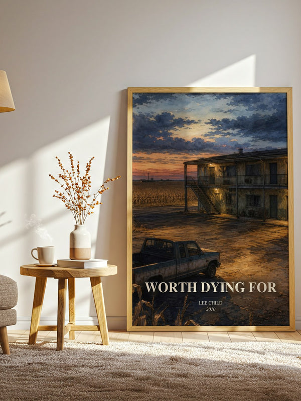 Worth Dying For watercolour print in frame leaning in hallway – thriller wall art