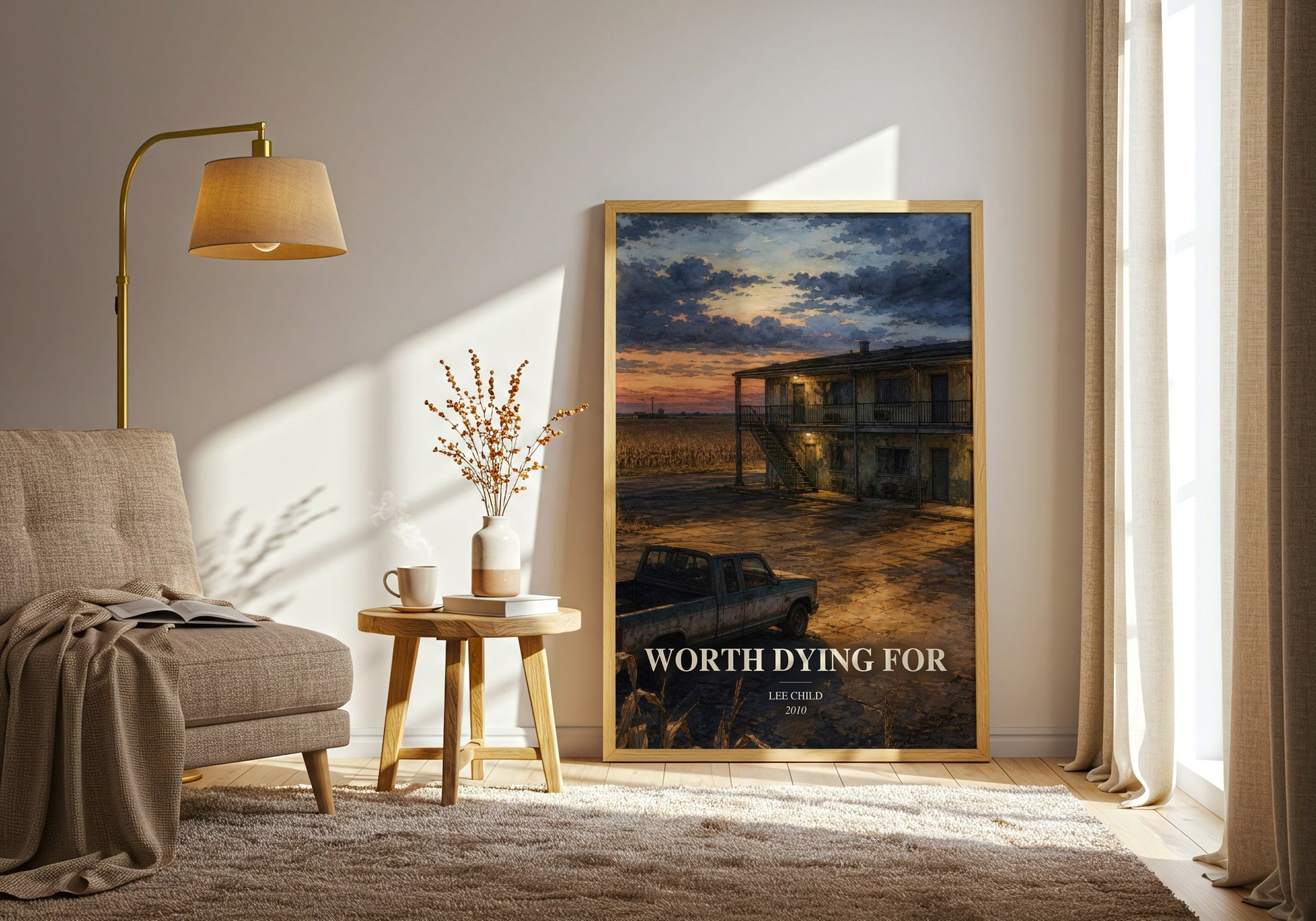 Worth Dying For watercolour print in frame leaning in hallway – thriller wall art