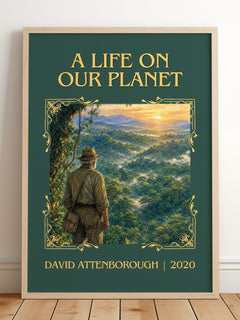 A Life on Our Planet Classic Book Art Print by David Attenborough – framed print leaning on a wooden floor