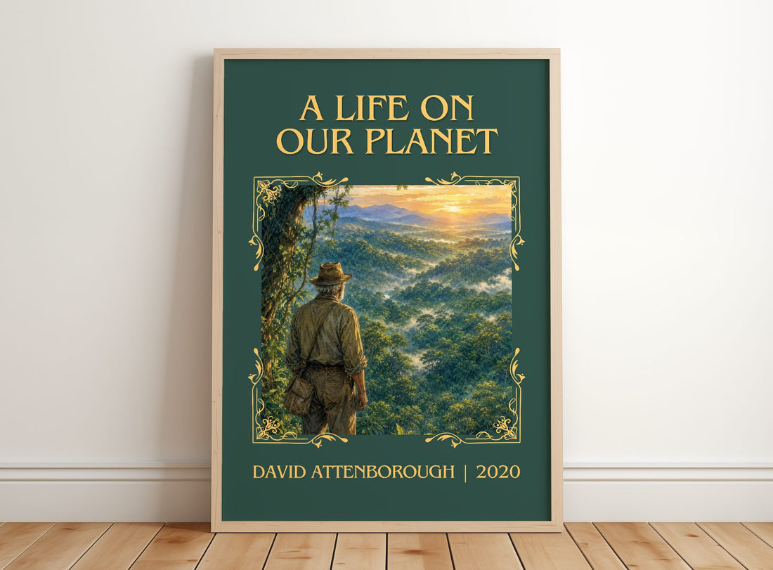 A Life on Our Planet Classic Book Art Print by David Attenborough – framed print leaning on a wooden floor