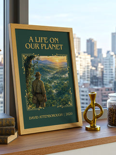 A Life on Our Planet Classic Book Art Print by David Attenborough – framed print on a city-view windowsill