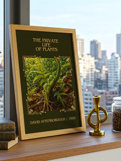 private life of plants Classic Book Art Print by David Attenborough – framed print on a city-view windowsill