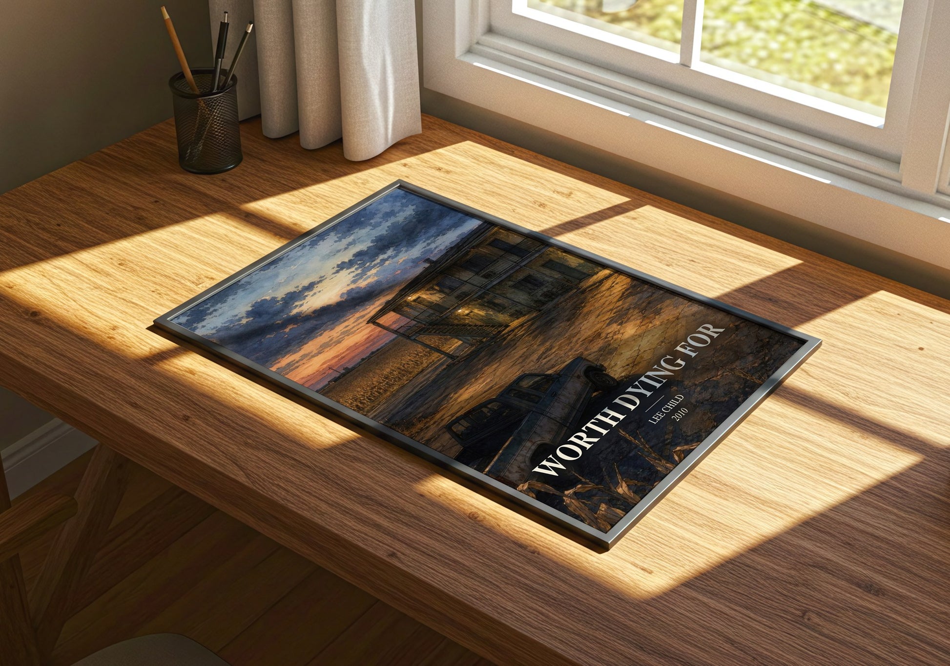 Worth Dying For watercolour book poster framed on wall – thriller wall art
