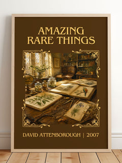 Amazing rare things Classic Book Art Print by David Attenborough – framed print leaning on a wooden floor