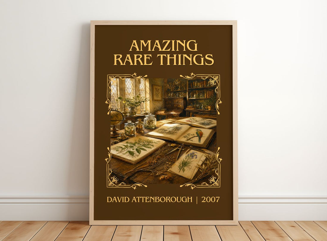 Amazing rare things Classic Book Art Print by David Attenborough – framed print leaning on a wooden floor