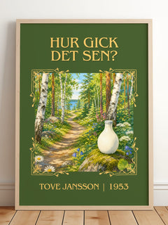 Hur gick det sen? Classic Book Art Print by Tove Jansson – framed print leaning on a wooden floor