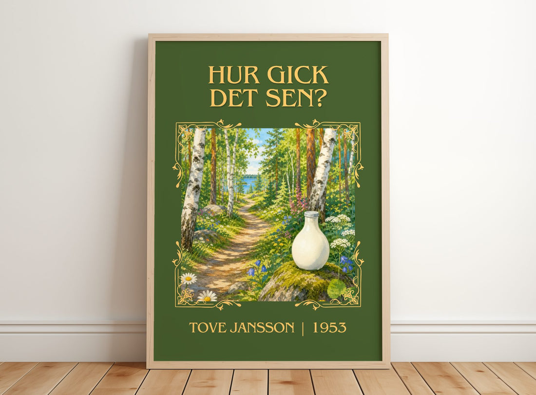 Hur gick det sen? Classic Book Art Print by Tove Jansson – framed print leaning on a wooden floor