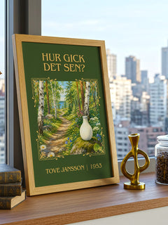 Hur gick det sen? Classic Book Art Print by Tove Jansson – framed print on a city-view windowsill