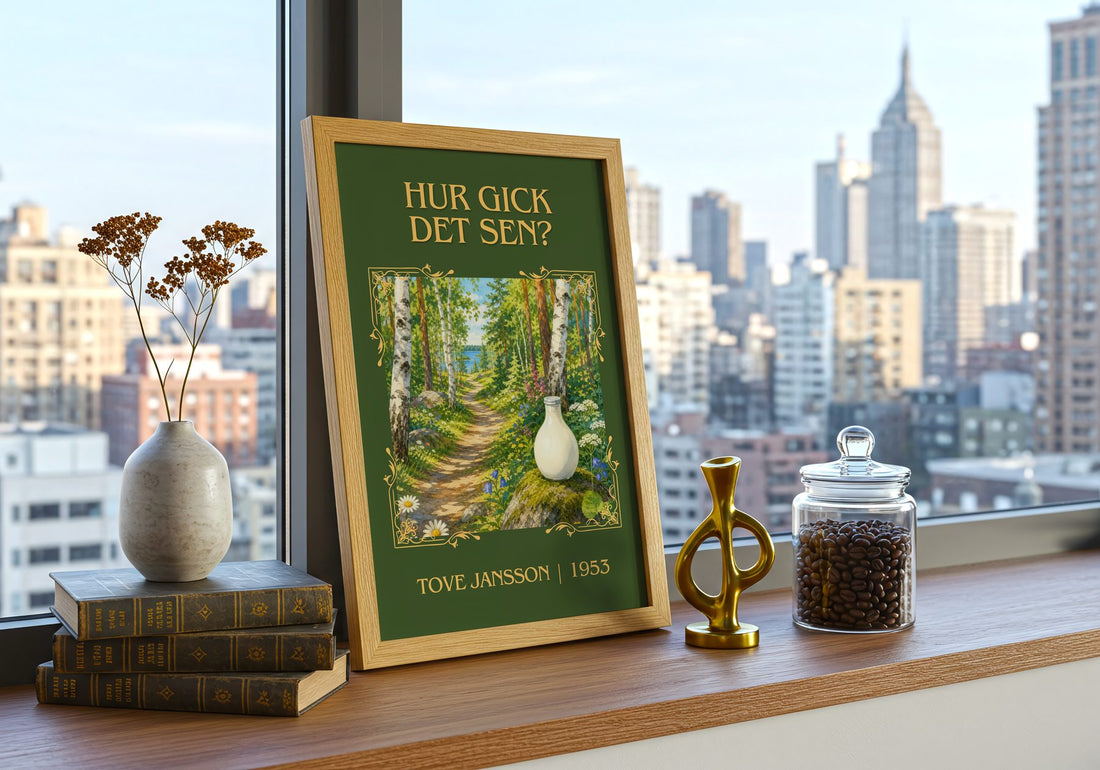 Hur gick det sen? Classic Book Art Print by Tove Jansson – framed print on a city-view windowsill
