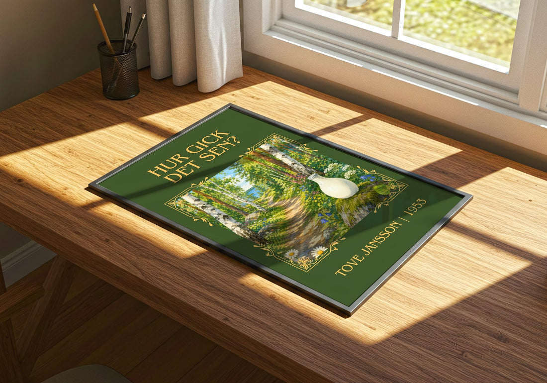 Hur gick det sen? Classic Book Art Print by Tove Jansson – print on a sunlit desk