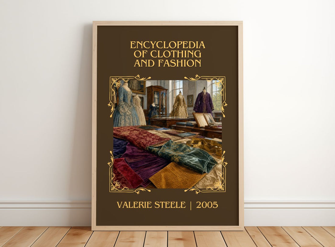 Encyclopedia of clothing and fashion Classic Book Art Print by Valerie Steele – framed print leaning on a wooden floor