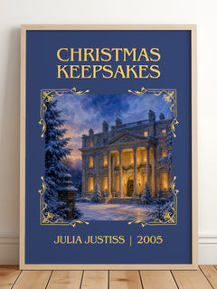 Christmas Keepsakes Classic Book Art Print by Julia Justiss – framed print leaning on a wooden floor