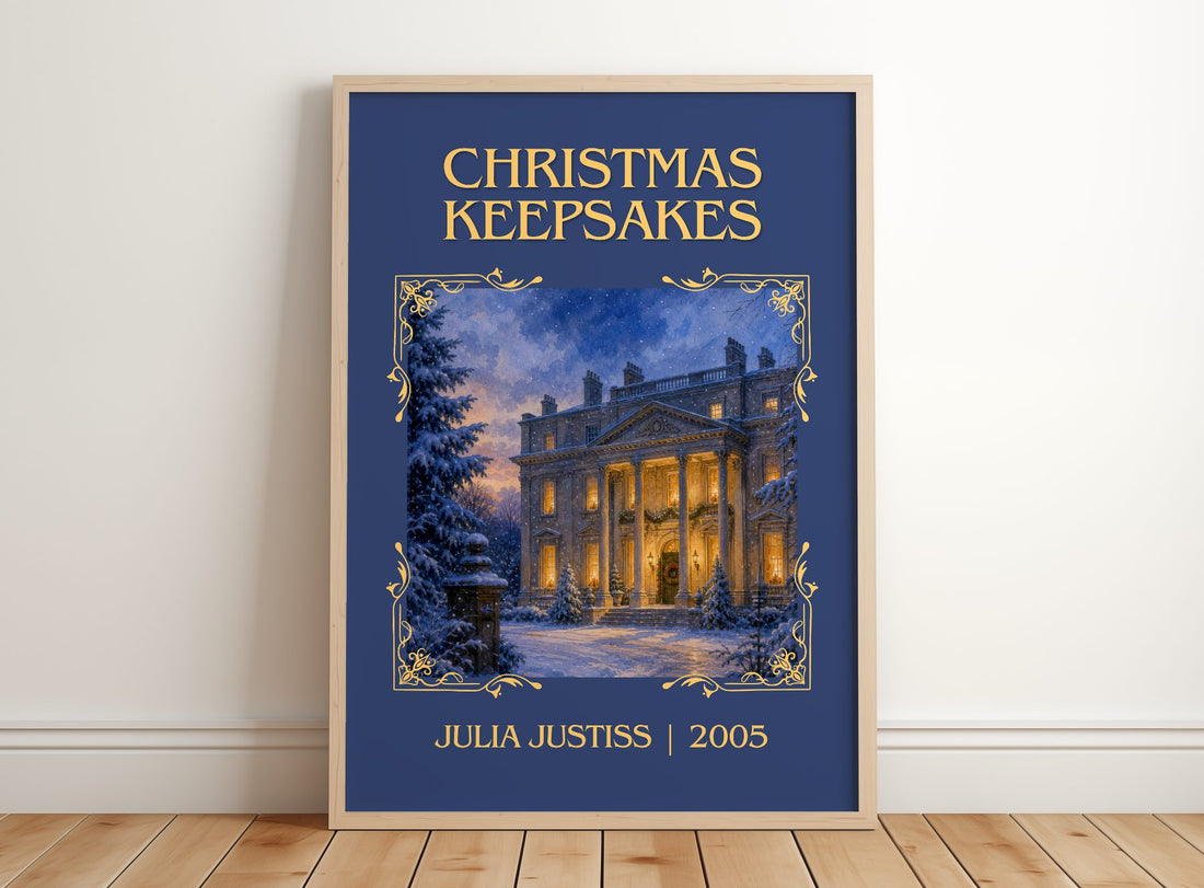 Christmas Keepsakes Classic Book Art Print by Julia Justiss – framed print leaning on a wooden floor