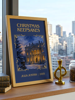 Christmas Keepsakes Classic Book Art Print by Julia Justiss – framed print on a city-view windowsill